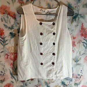 Sleeveless White Button-Front Linen Blend Top